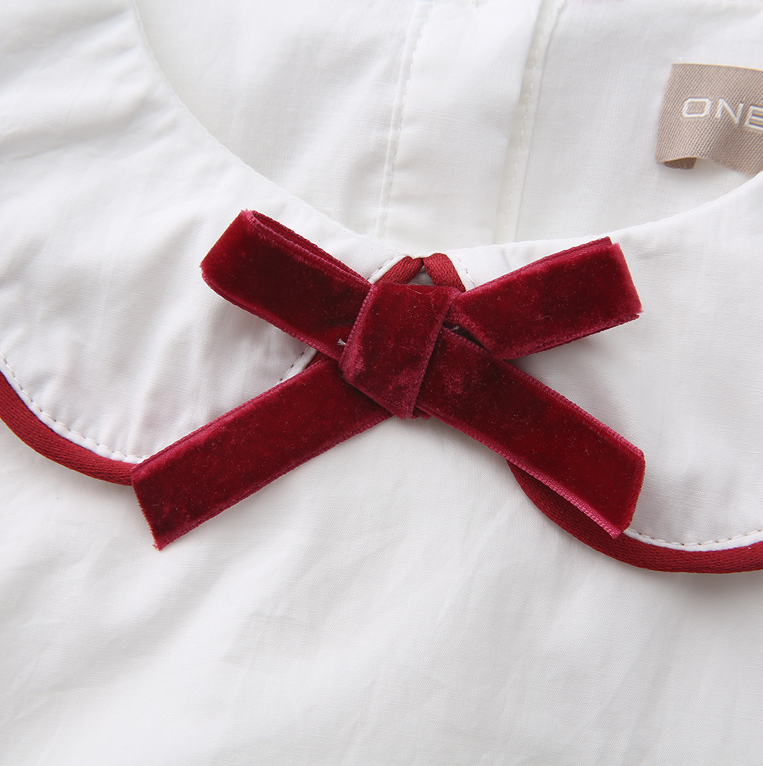 One Child Girls Velvet Trim Long Sleeve Blouse - C-29110 One Child Girls Velvet Trim Long Sleeve Blouse - C-29110
