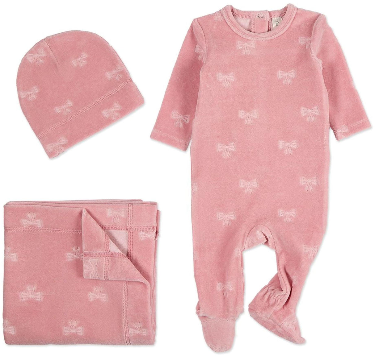 MiniMoi by Memoi Baby Girls Embossed Bows Velour Footie, Beanie, Blanket Set - INA09614 MiniMoi by Memoi Baby Girls Embossed Bows Velour Footie, Beanie, Blanket Set - INA09614