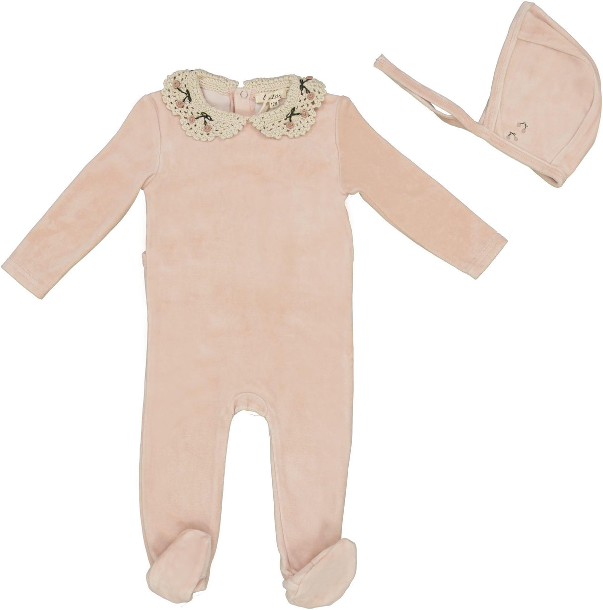 Lola Baby Girls Crochet Knit Collar Velour Footie & Bonnet Set - WB5CP7244 Lola Baby Girls Crochet Knit Collar Velour Footie & Bonnet Set - WB5CP7244