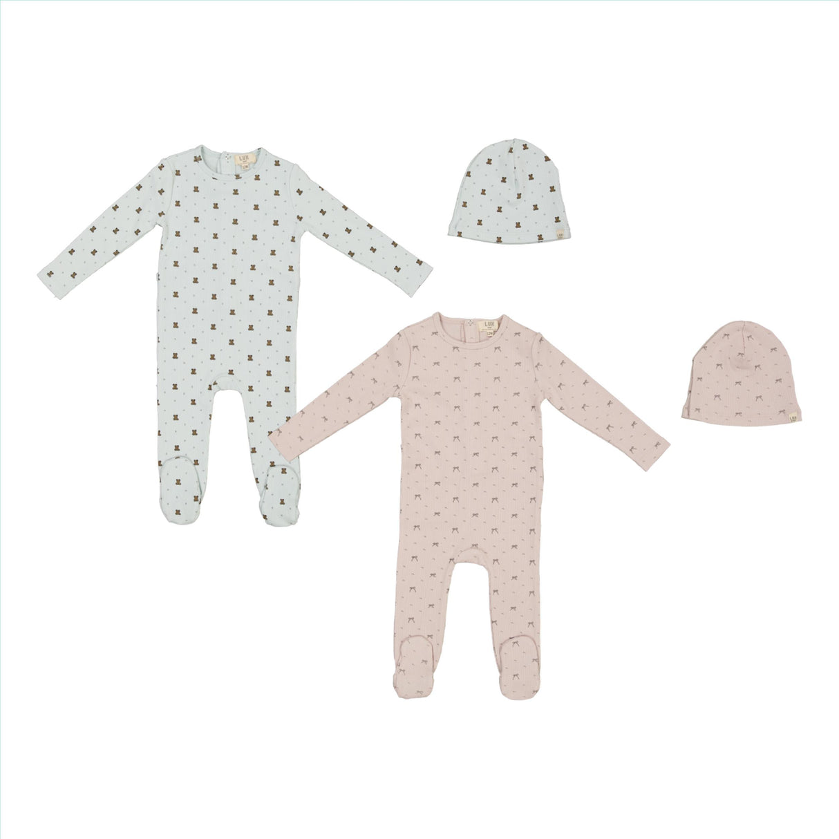 Lux Baby Baby Boys Girls Ribbed Bear/Bow Print Cotton Footie & Beanie Set - SB6CY2857 Lux Baby Baby Boys Girls Ribbed Bear/Bow Print Cotton Footie & Beanie Set - SB6CY2857