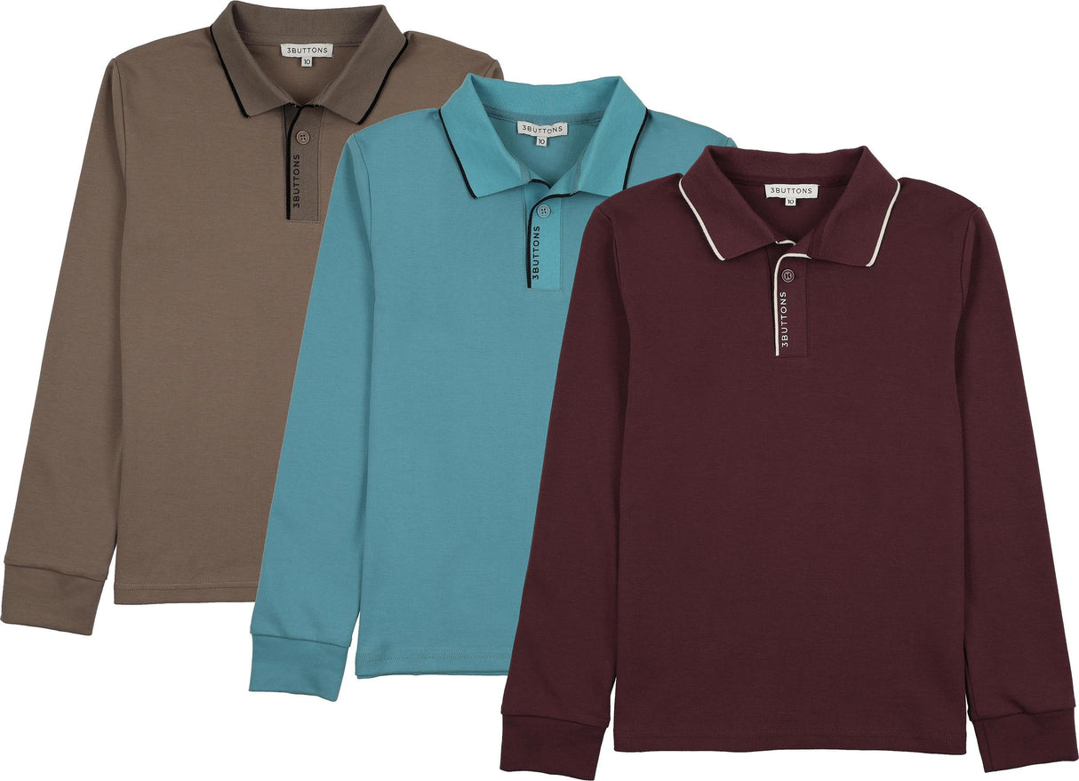 3 Buttons Boys Long Sleeve Polo Shirt - Stripe Edge 3 Buttons Boys Long Sleeve Polo Shirt - Stripe Edge