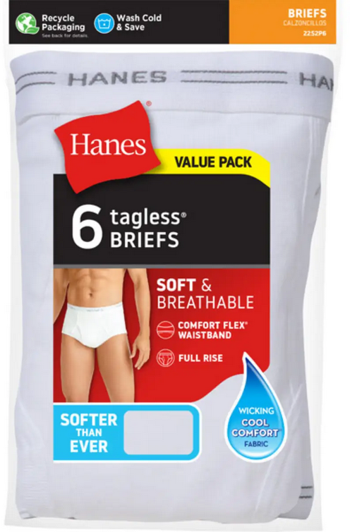 Hanes Mens TAGLESS® Briefs Underwear 6 Pack - 2252P6 Hanes Mens TAGLESS® Briefs Underwear 6 Pack - 2252P6