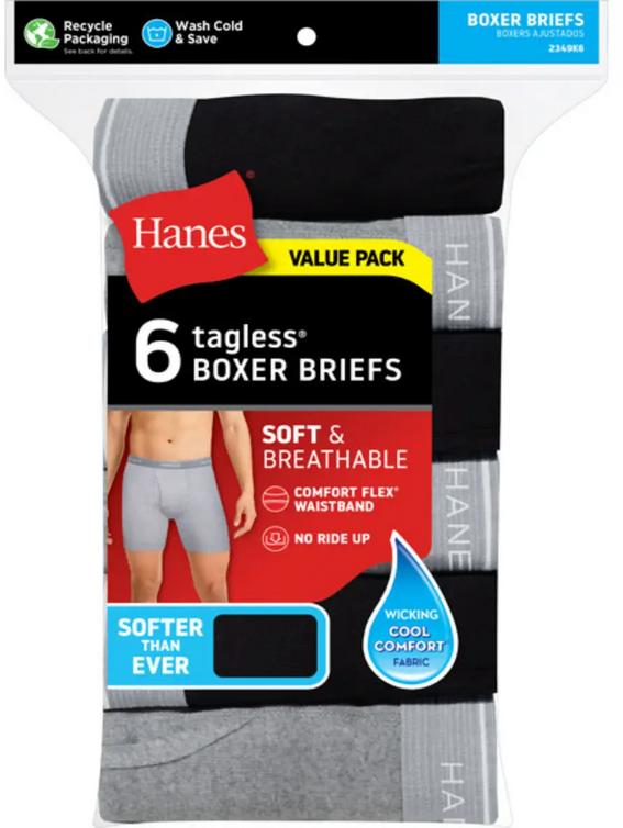 Hanes Mens TAGLESS® Boxer Briefs Underwear 6 Pack - 2349K6 Hanes Mens TAGLESS® Boxer Briefs Underwear 6 Pack - 2349K6