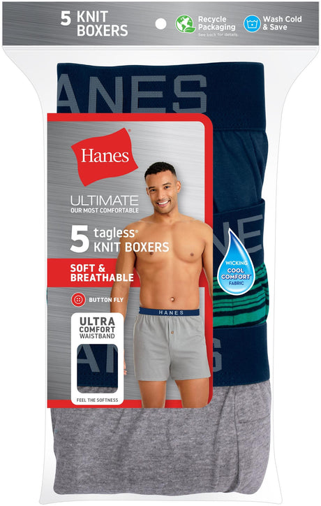 Hanes Mens TAGLESS® Knit Boxers Underwear 5 Pack - 709BP5 Hanes Mens TAGLESS® Knit Boxers Underwear 5 Pack - 709BP5