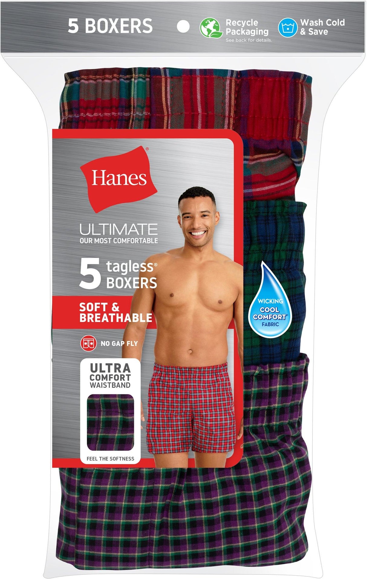 Hanes Mens TAGLESS® Tartan Woven Boxers Underwear 5 Pack - 745BP5