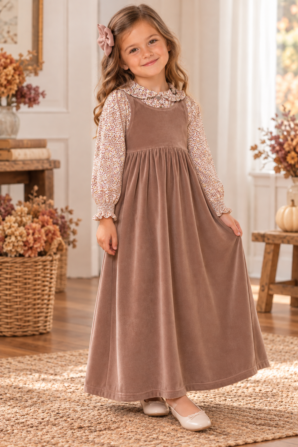 Bonjoy Girls Floral Blouse & Velour Maxi Jumper Set - WP26009J Bonjoy Girls Floral Blouse & Velour Maxi Jumper Set - WP26009J