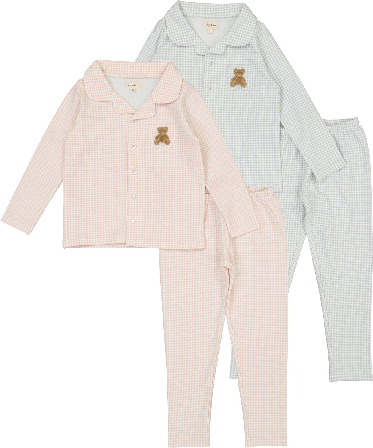 Ely's & Co Boys Girls Gingham Teddy Cotton Pajamas - AW26-0035-0037 Ely's & Co Boys Girls Gingham Teddy Cotton Pajamas - AW26-0035-0037