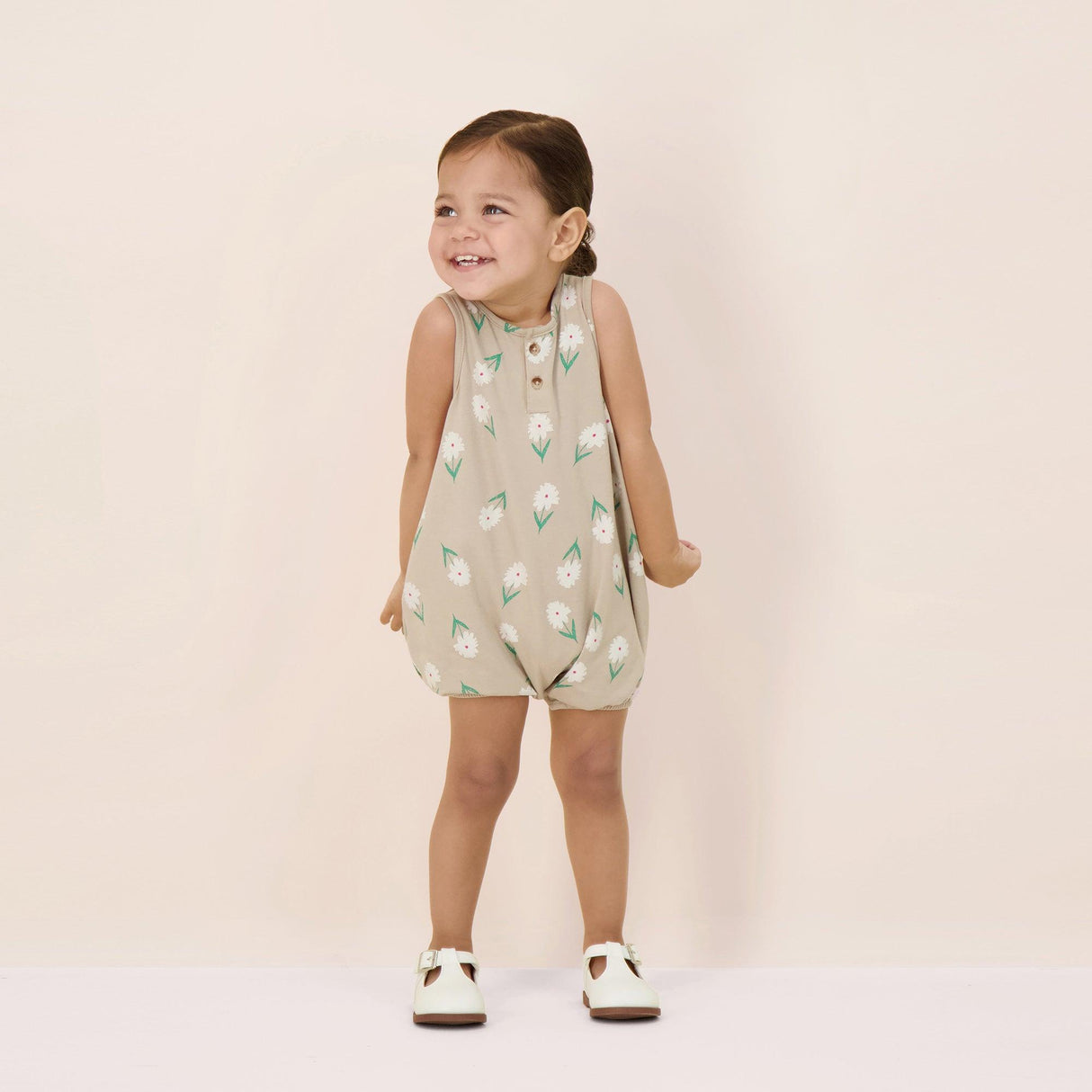 Analogie by Lil Legs Taupe Collection Baby Girls Flower Romper - TFR Analogie by Lil Legs Taupe Collection Baby Girls Flower Romper - TFR
