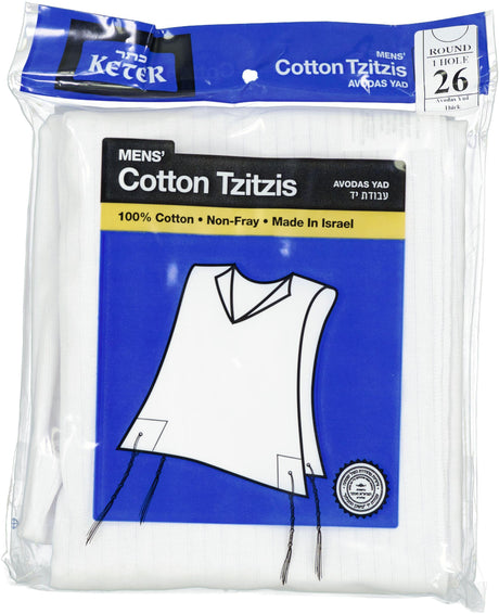 Keter Judaica Mens 100% Cotton Round-Neck Avodas Yad Thick Tzitzis with Ashkenaz Strings