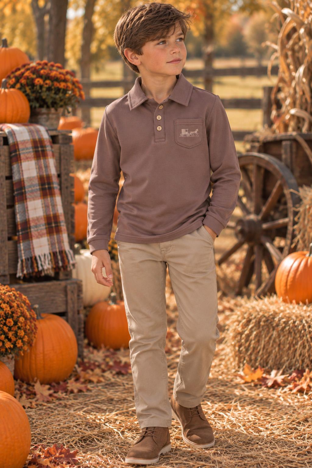 Chambray Boys Ranch Long Sleeve Polo Shirt - AW118 Chambray Boys Ranch Long Sleeve Polo Shirt - AW118