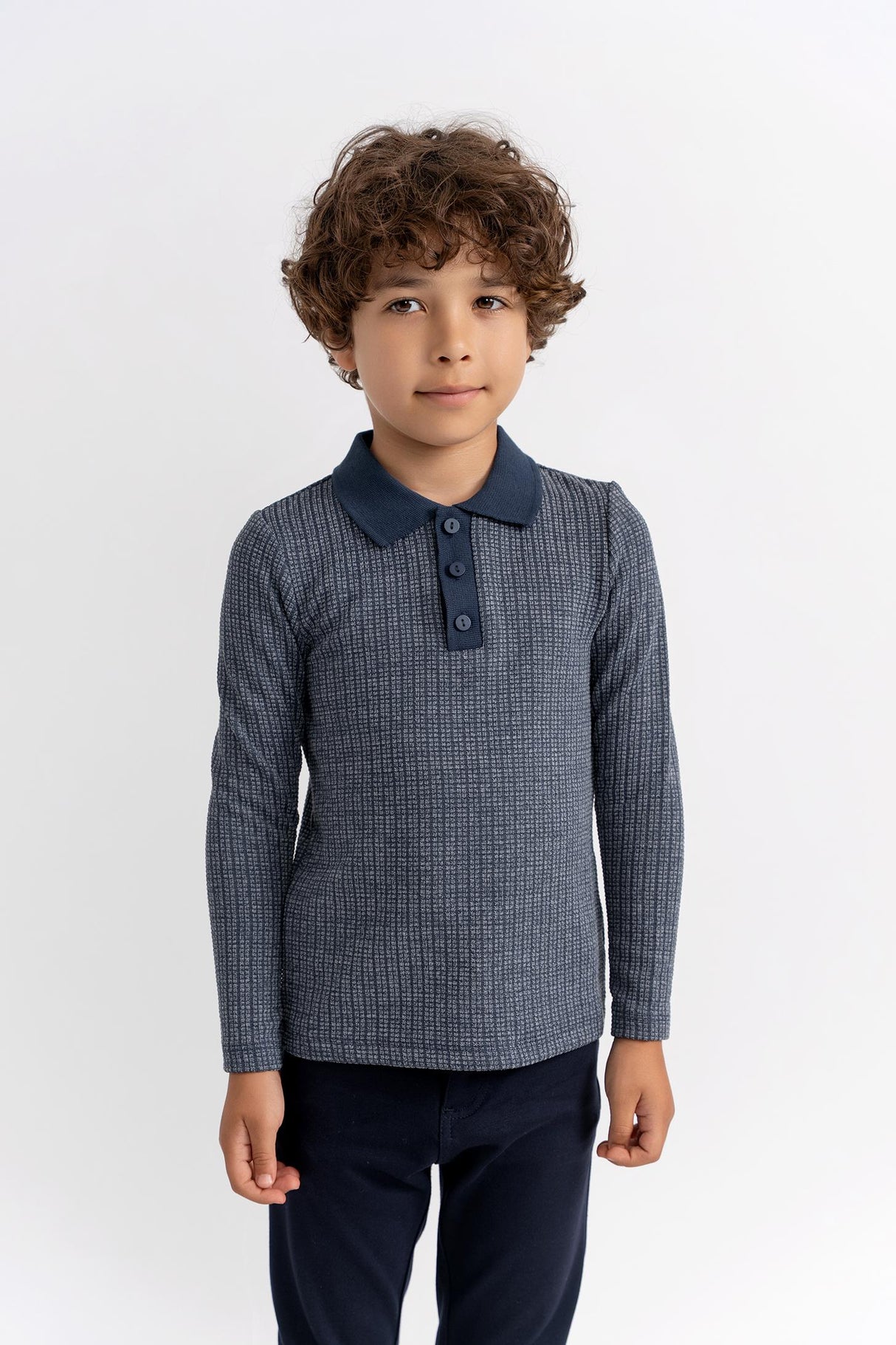 High 5 Boys Long Sleeve Washed Waffled Polo Shirt - WB5CY2718BSL High 5 Boys Long Sleeve Washed Waffled Polo Shirt - WB5CY2718BSL