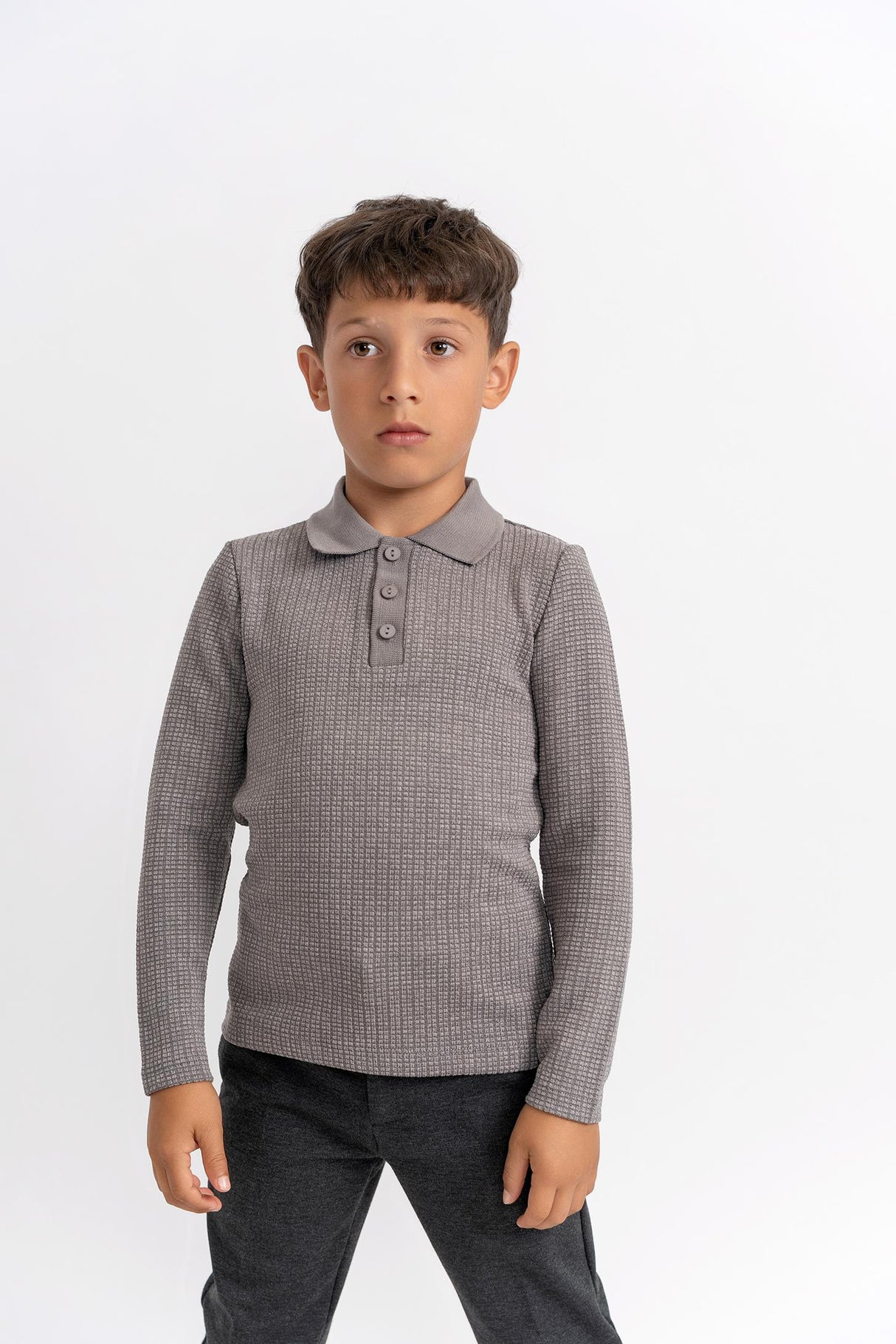 High 5 Boys Long Sleeve Washed Waffled Polo Shirt - WB5CY2718BSL High 5 Boys Long Sleeve Washed Waffled Polo Shirt - WB5CY2718BSL