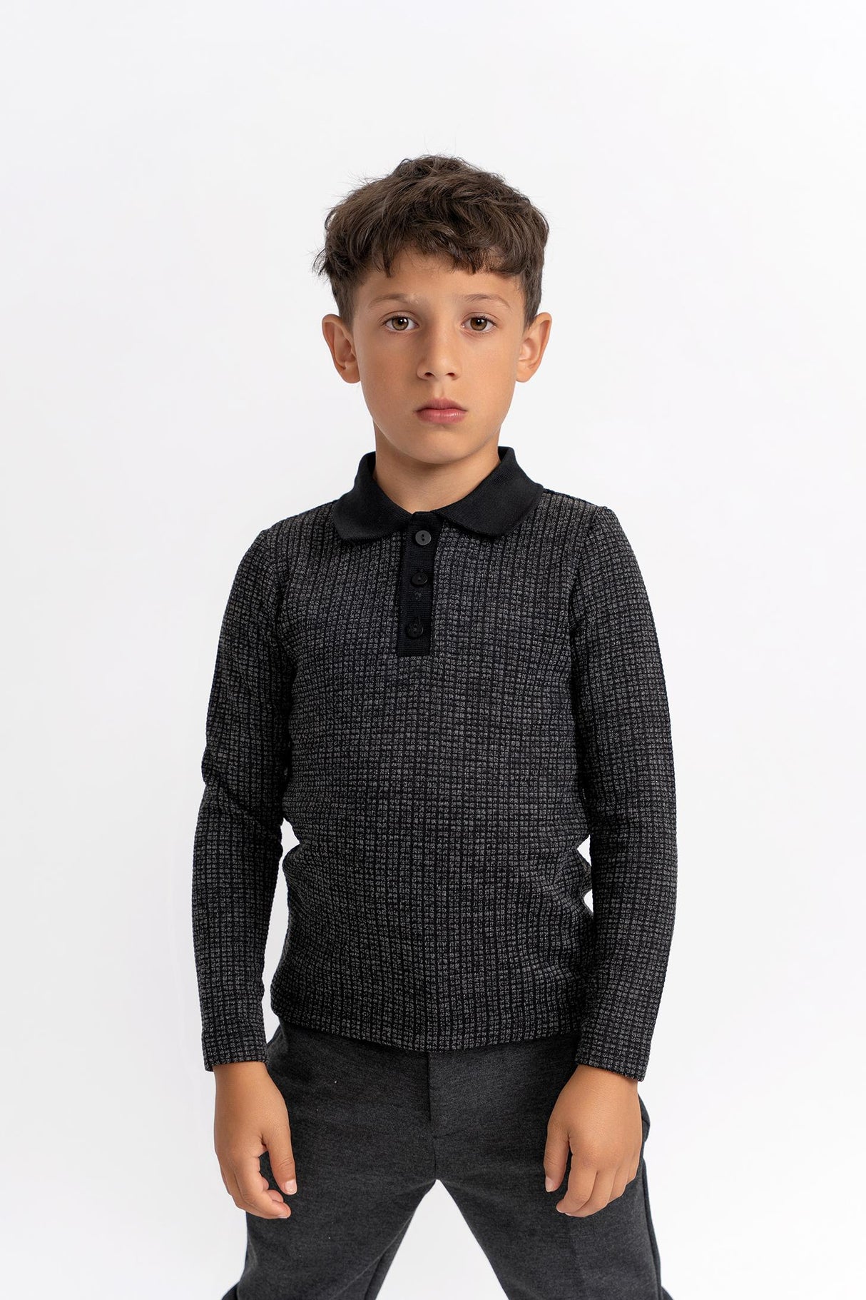 High 5 Boys Long Sleeve Washed Waffled Polo Shirt - WB5CY2718BSL High 5 Boys Long Sleeve Washed Waffled Polo Shirt - WB5CY2718BSL