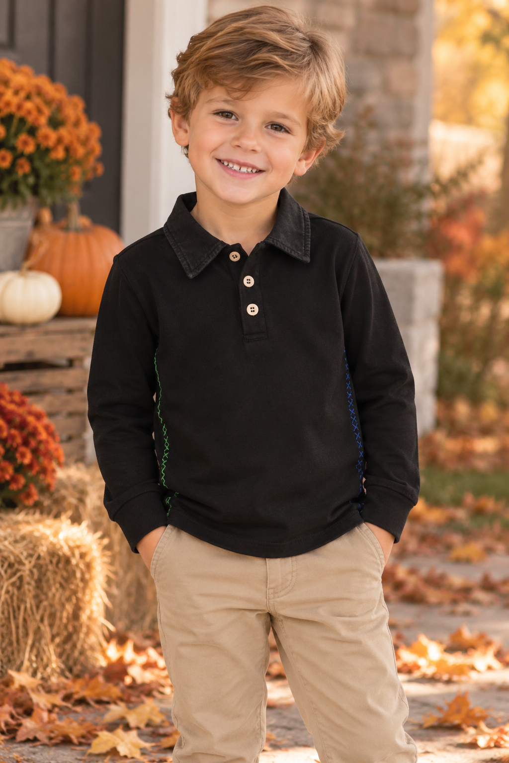 Chambray Boys Colorline Long Sleeve Polo Shirt - AW132 Chambray Boys Colorline Long Sleeve Polo Shirt - AW132