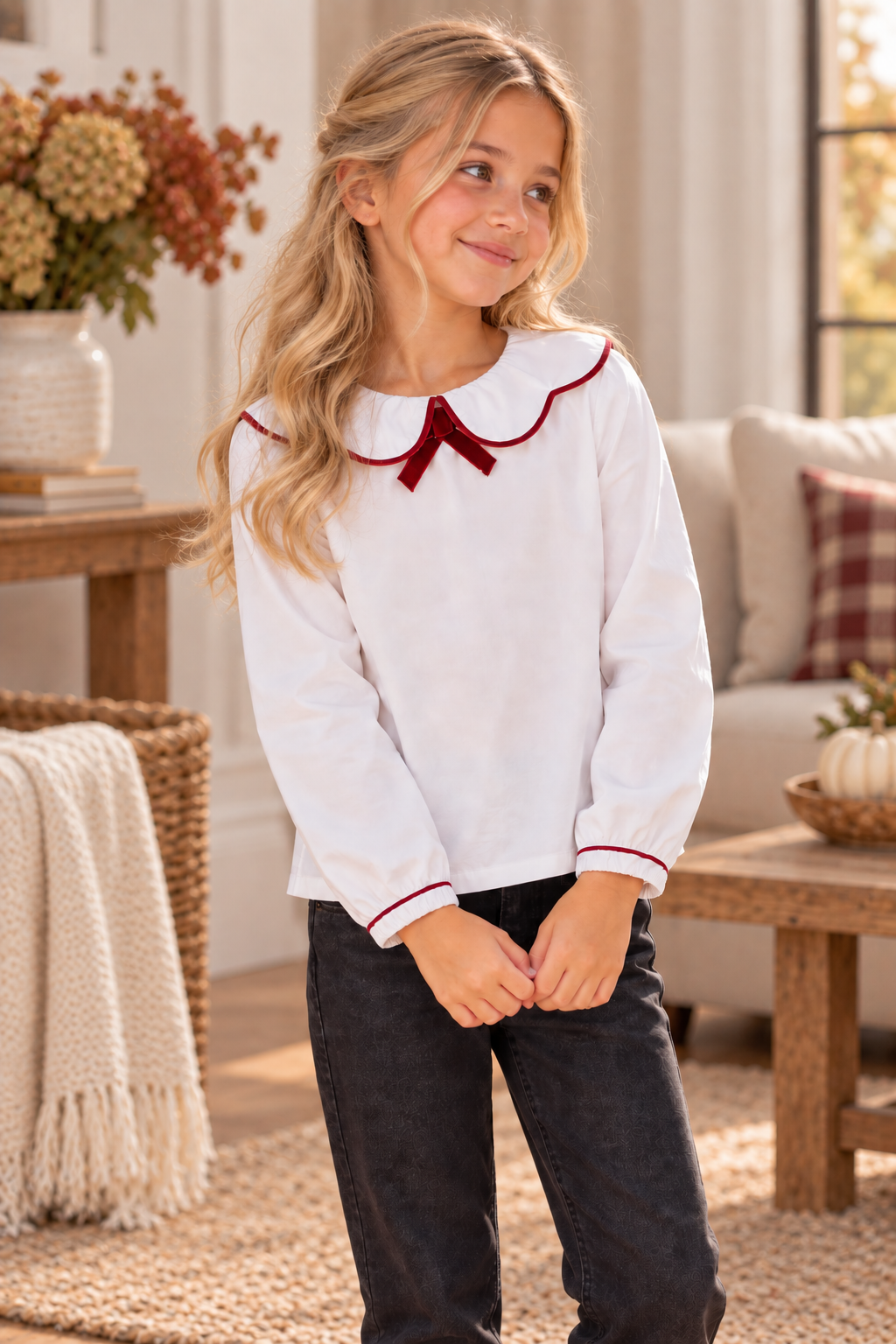 One Child Girls Velvet Trim Long Sleeve Blouse - C-29110