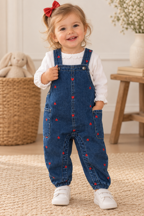 Bonjoy Girls Printed Hearts Denim Overall - TW26010O