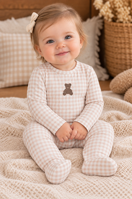Ely's & Co Baby Boys Girls Gingham Teddy Cotton Footie - AW26-0035-0037