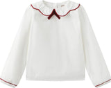One Child Girls Velvet Trim Long Sleeve Blouse - C-29110