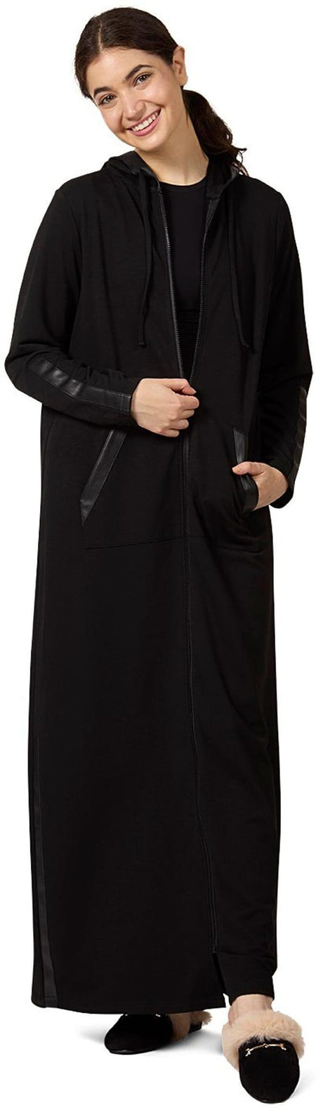 Memoi Womens Full Zip Hooded Robe with Vegan Leather Trim - CRX09981