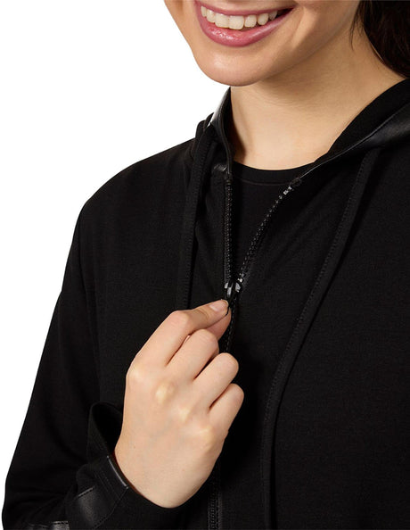 Memoi Womens Full Zip Hooded Robe with Vegan Leather Trim - CRX09981