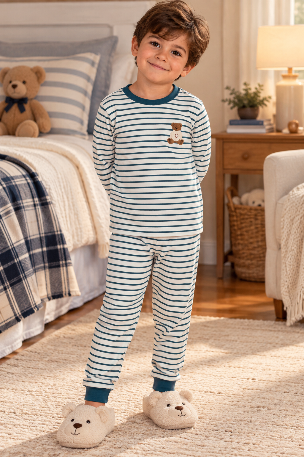 Crew Lounge Boys Girls Striped Bear Velour Pajamas - SG3210