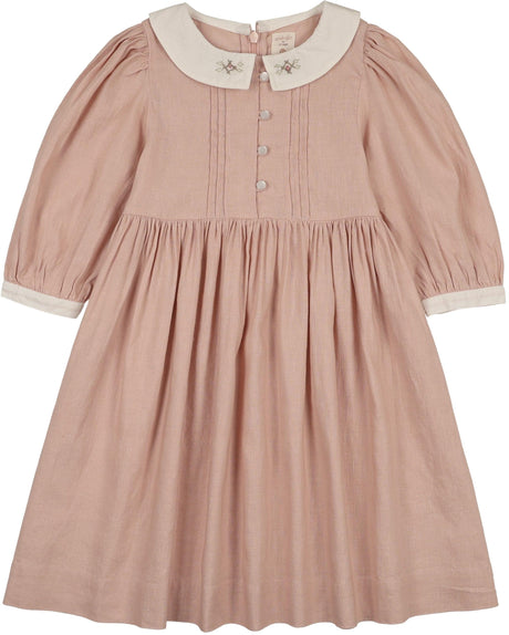 Analogie by Lil Legs  Embroidered Linen Collection Girls 3/4 Sleeve Pintuck Collar Dress - MECDQ