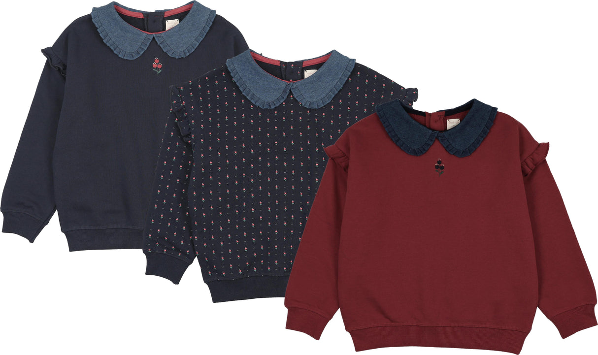 Analogie by Lil Legs Sweet Campaign Collection Girls Denim Collar Ruffle Sweatshirt - AF26S534