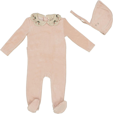 Lola Baby Girls Crochet Knit Collar Velour Stretchie & Bonnet Set - WB5CP7244