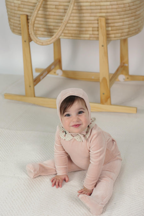 Lola Baby Girls Crochet Knit Collar Velour Stretchie & Bonnet Set - WB5CP7244