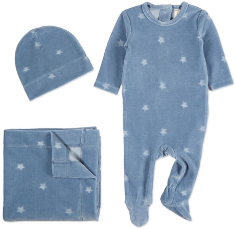 MiniMoi by Memoi Baby Boys Embossed Stars Velour Stretchie, Beanie, Blanket Set - INA09616