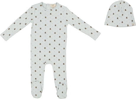 Lux Baby Baby Boys Girls Ribbed Bear/Bow Print Cotton Footie & Beanie Set - SB6CY2857