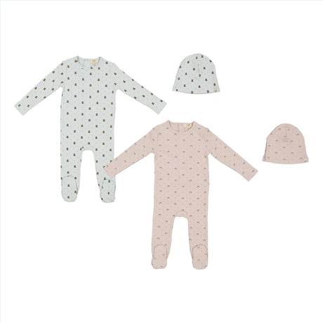 Lux Baby Baby Boys Girls Ribbed Bear/Bow Print Cotton Footie & Beanie Set - SB6CY2857