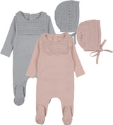 Bee & Dee Baby Boys Girls Knit Bibette Cotton Footie & Bonnet Set - KKB