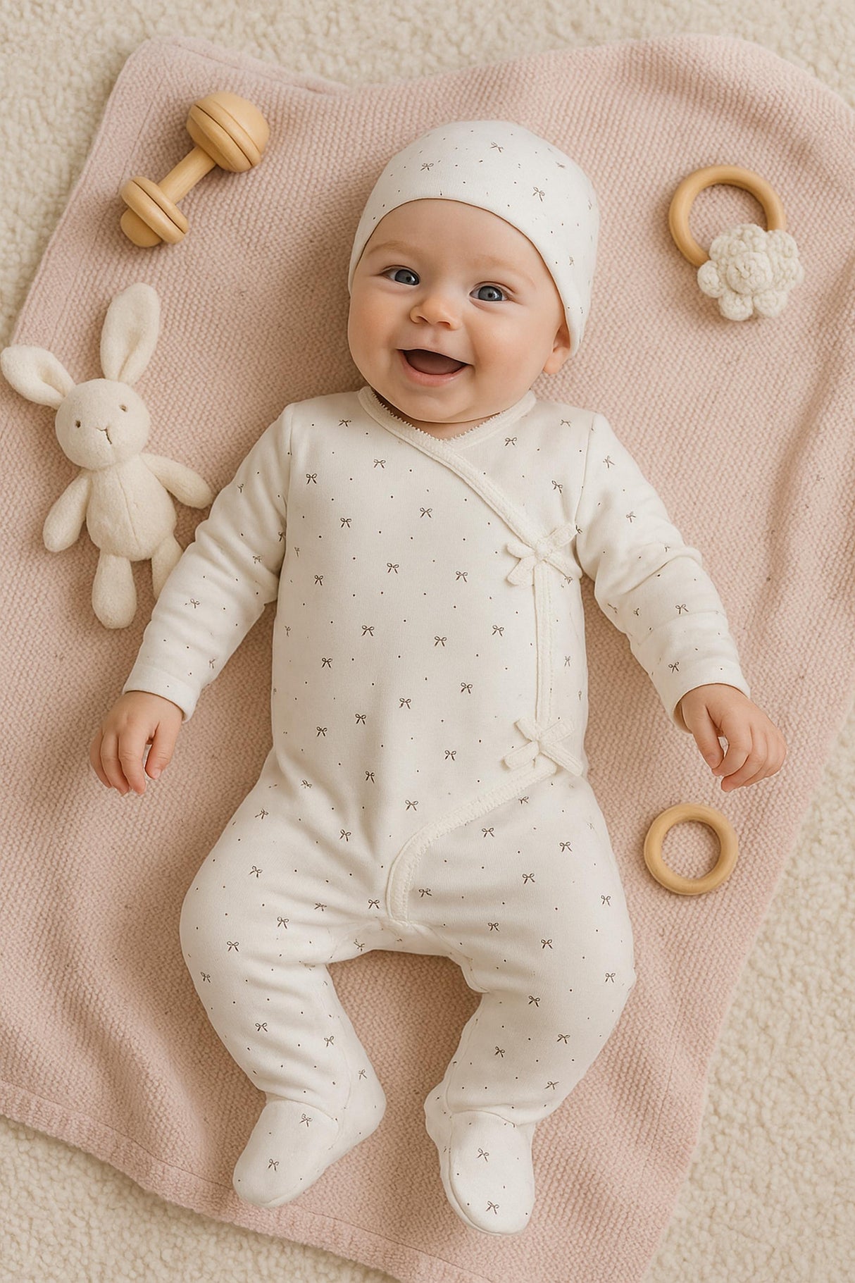 Maniere Baby Girls Bow Wrap Cotton Stretchie & Beanie Set - BWFW25