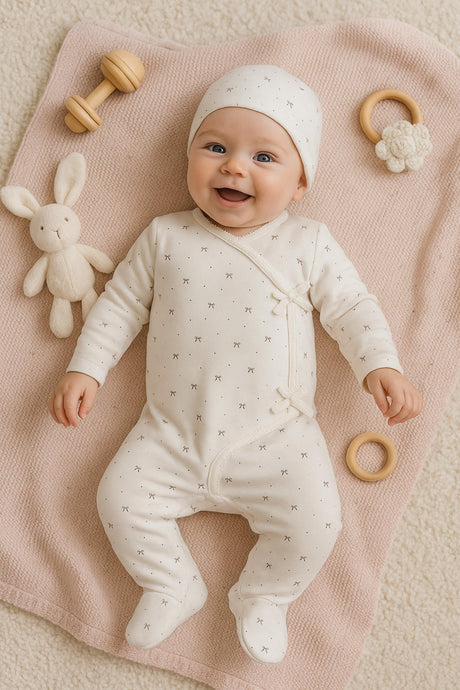 Maniere Baby Girls Bow Wrap Cotton Stretchie & Beanie Set - BWFW25