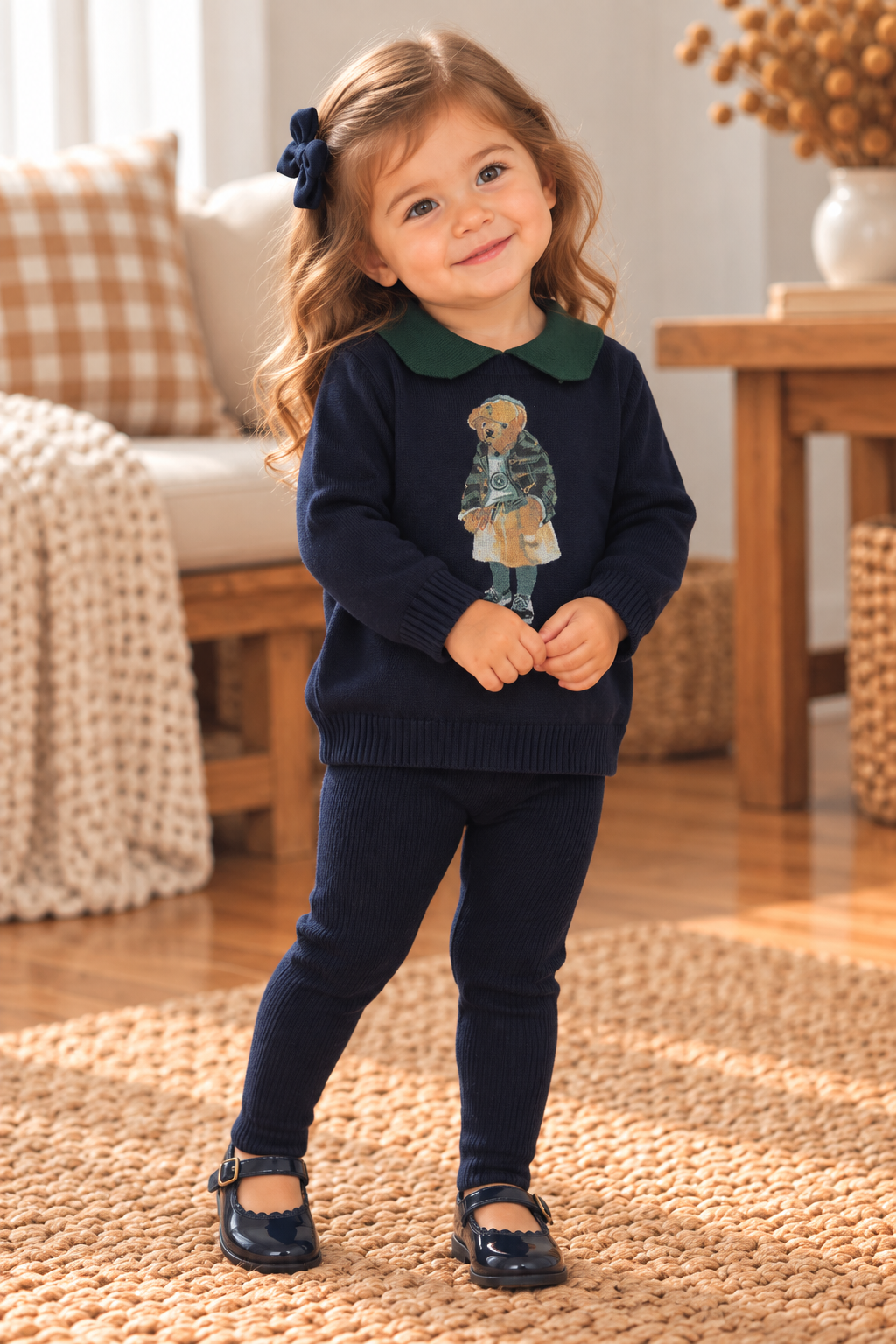 Creative Genius Baby Girls Bear Knit Outfit - C-30097