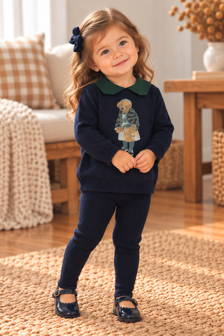 Creative Genius Baby Girls Bear Knit Outfit - C-30097