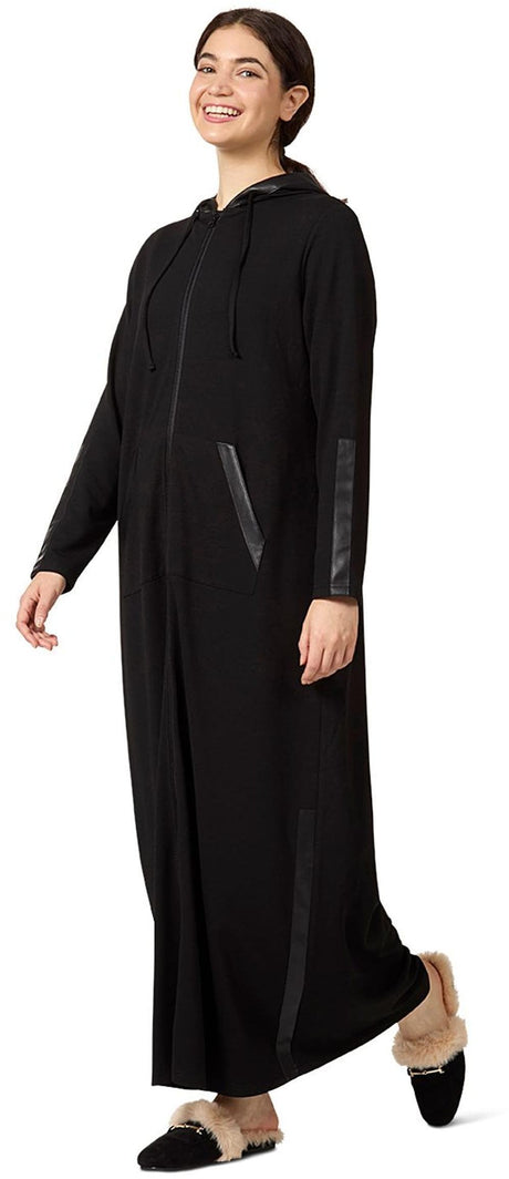 Memoi Womens Full Zip Hooded Robe with Vegan Leather Trim - CRX09981