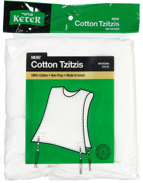 Keter Judaica Mens 100% Cotton Round-Neck Tzitzis with Sefardi Strings
