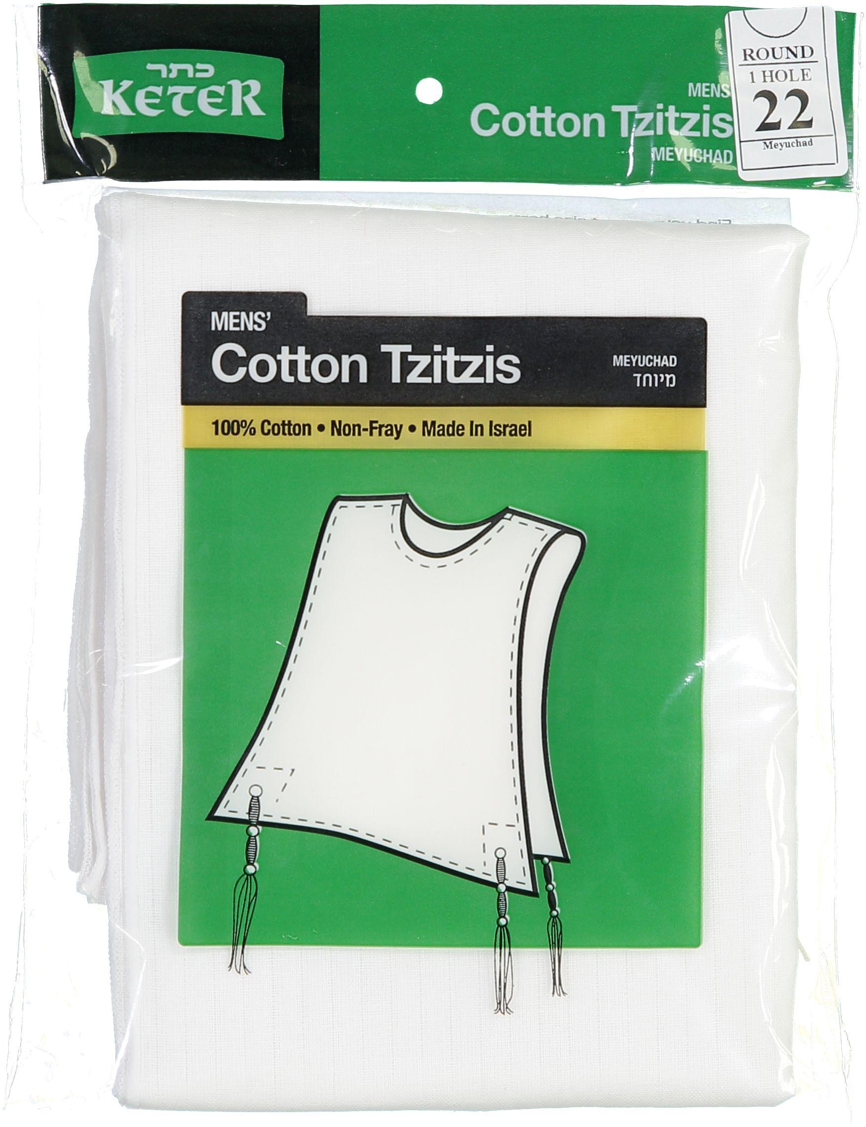 Keter Judaica Mens 100% Cotton Round-Neck Tzitzis with Ashkenaz