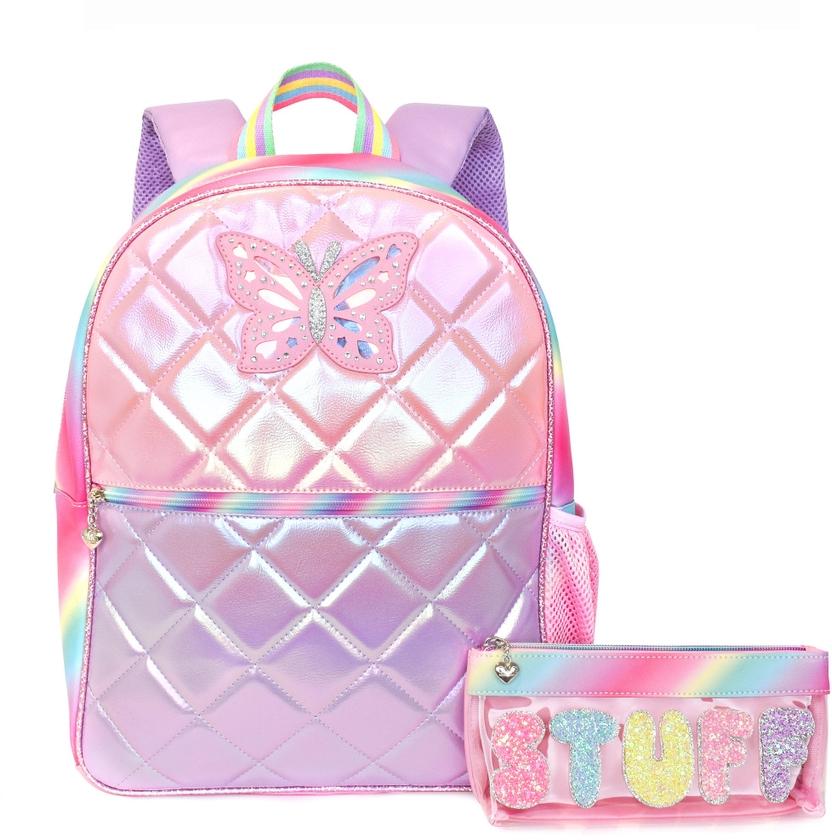 holographic mini backpack pencil case OMG Accessories Kids' Quilted Butterfly Backpack & Stuff Pouch Set Bubble Gum