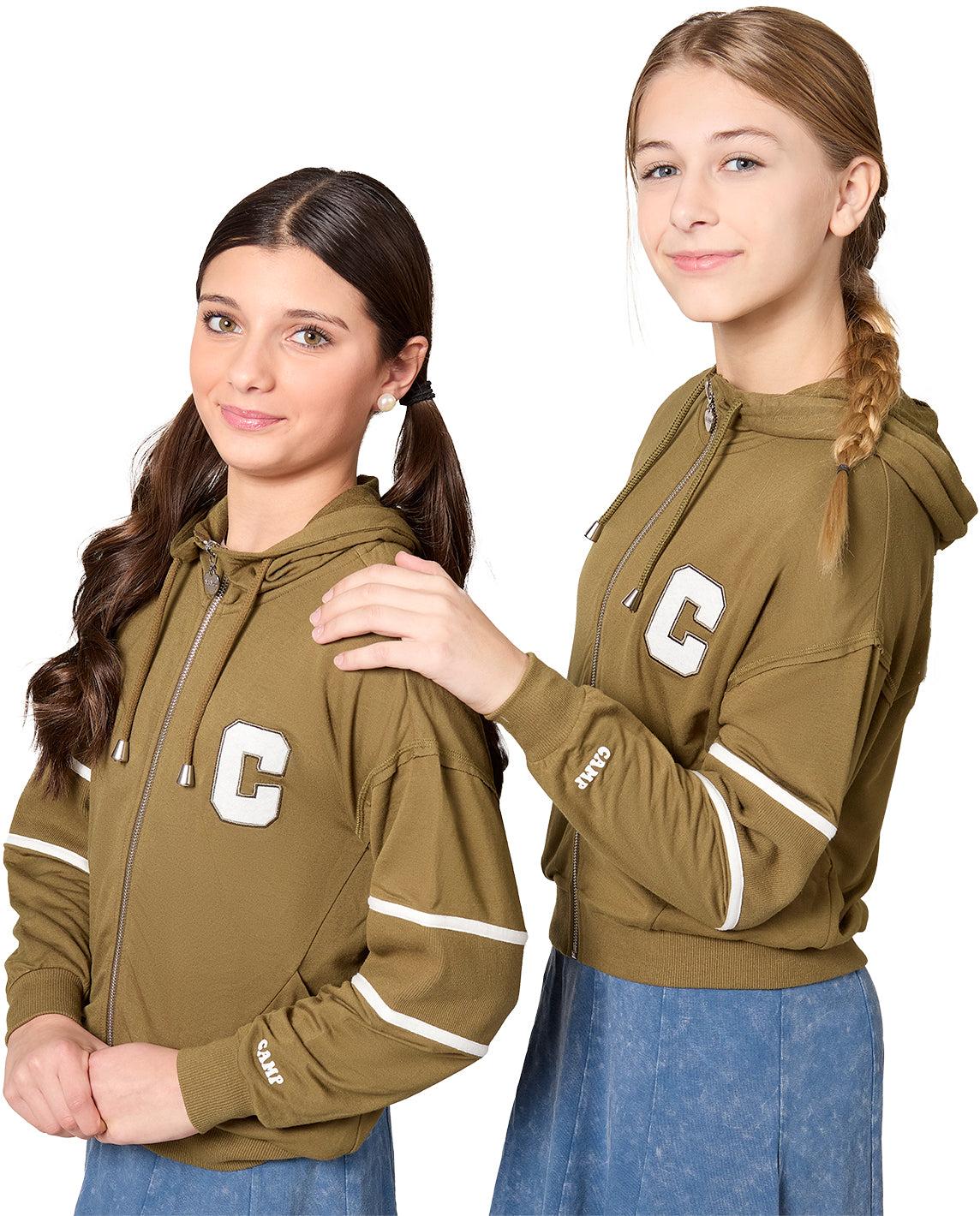 Memoi Teens Girls Sporty C Camp Patch Zippered Hoodie - MKC-100