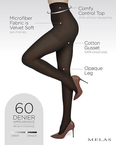 Melas Womens Super Microfiber Opaque Control Top 60 Denier Tights - AT-6506