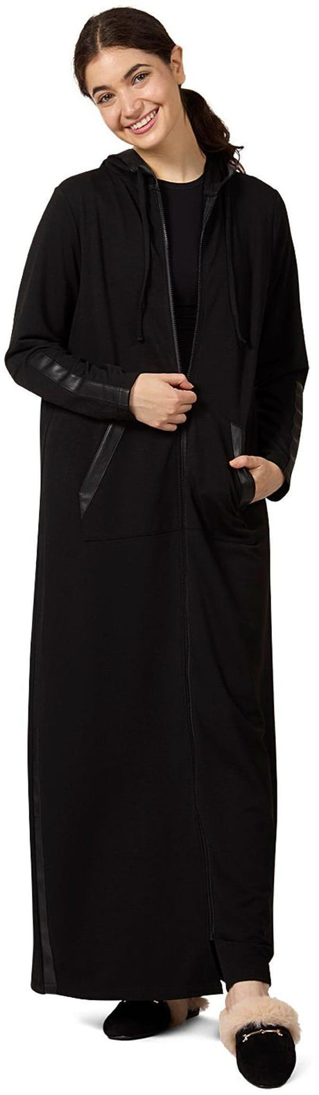Memoi Womens Full Zip Hooded Robe with Vegan Leather Trim - CRX09981