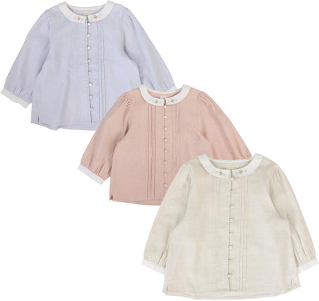 Analogie by Lil Legs  Embroidered Linen Collection Girls 3/4 Sleeve Pintuck Collar Blouse - MMCBL