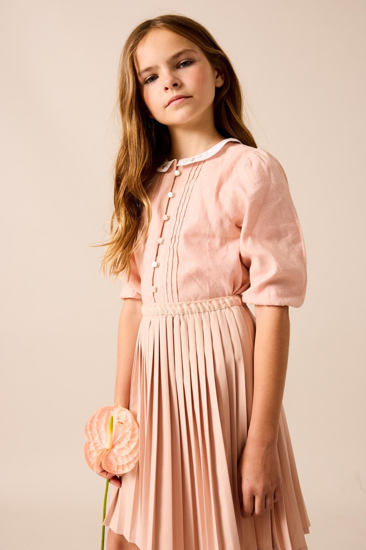 Analogie by Lil Legs  Embroidered Linen Collection Girls 3/4 Sleeve Pintuck Collar Blouse - MMCBL