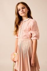 Analogie by Lil Legs  Embroidered Linen Collection Girls 3/4 Sleeve Pintuck Collar Blouse - MMCBL