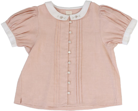 Analogie by Lil Legs  Embroidered Linen Collection Girls Short Sleeve Pintuck Collar Blouse - MMCBS