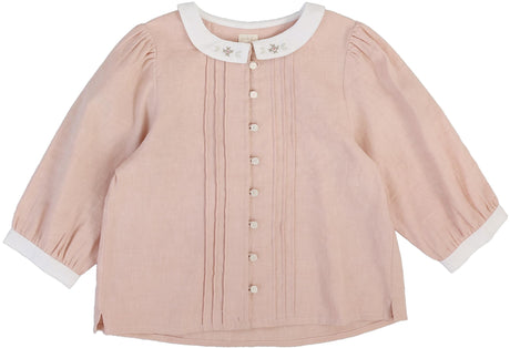 Analogie by Lil Legs  Embroidered Linen Collection Girls 3/4 Sleeve Pintuck Collar Blouse - MMCBL