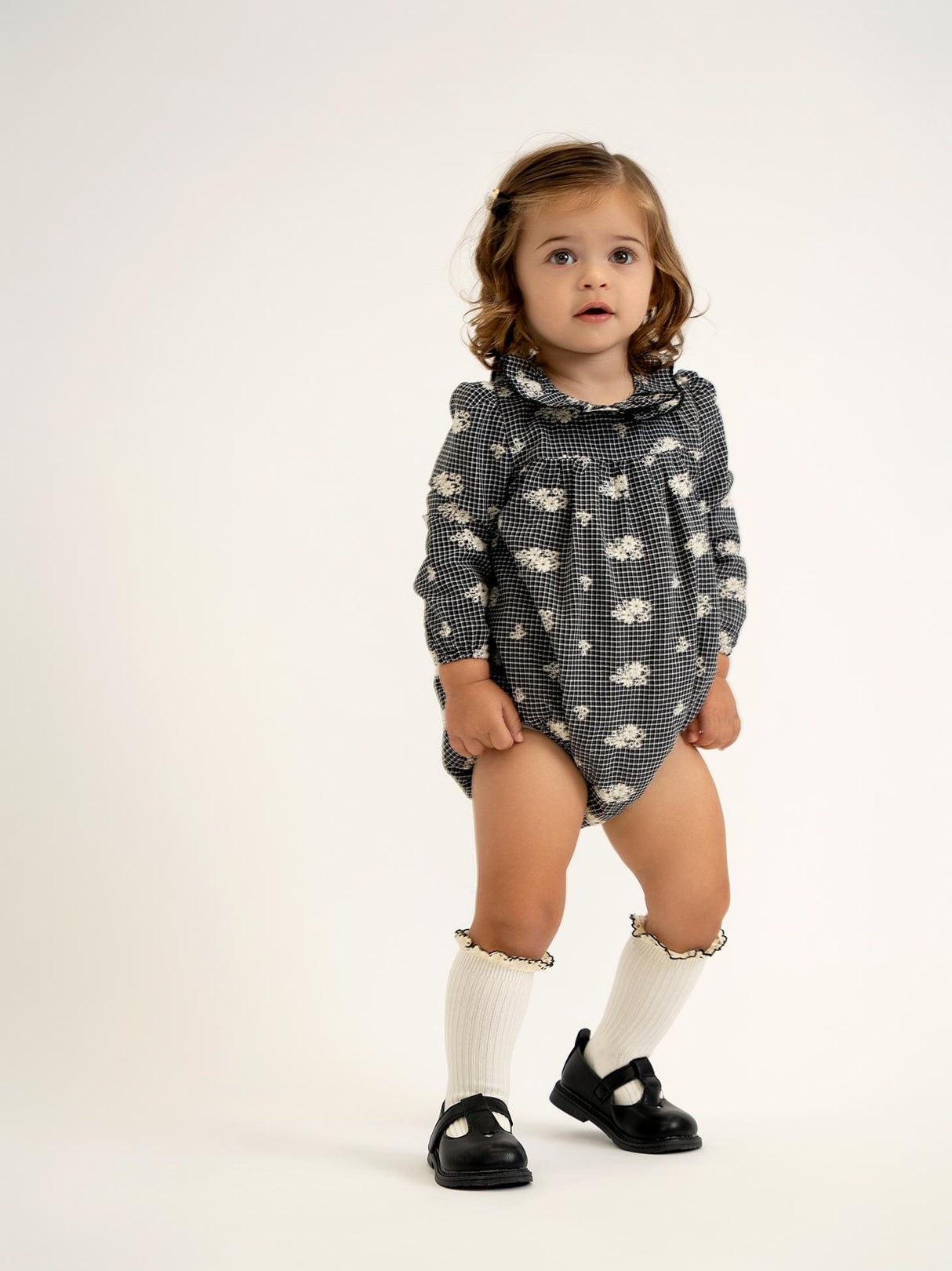 Space Gray Baby Girls Checked Embroidered Romper - WB5CY2758